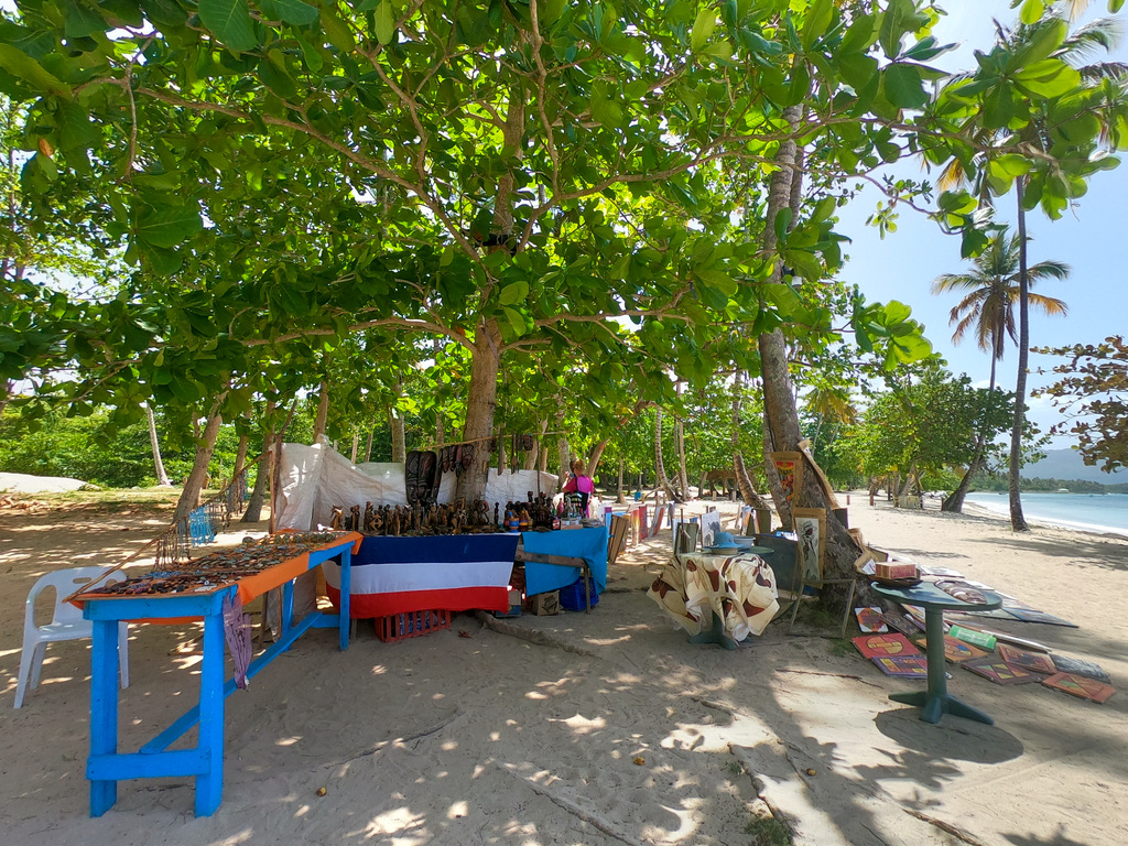 Bunte Verkaufsstände unter Bäumen am Strand