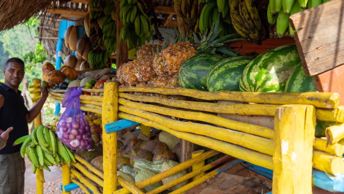 Obststand mit Ananas, Bananen und Wassermelonen