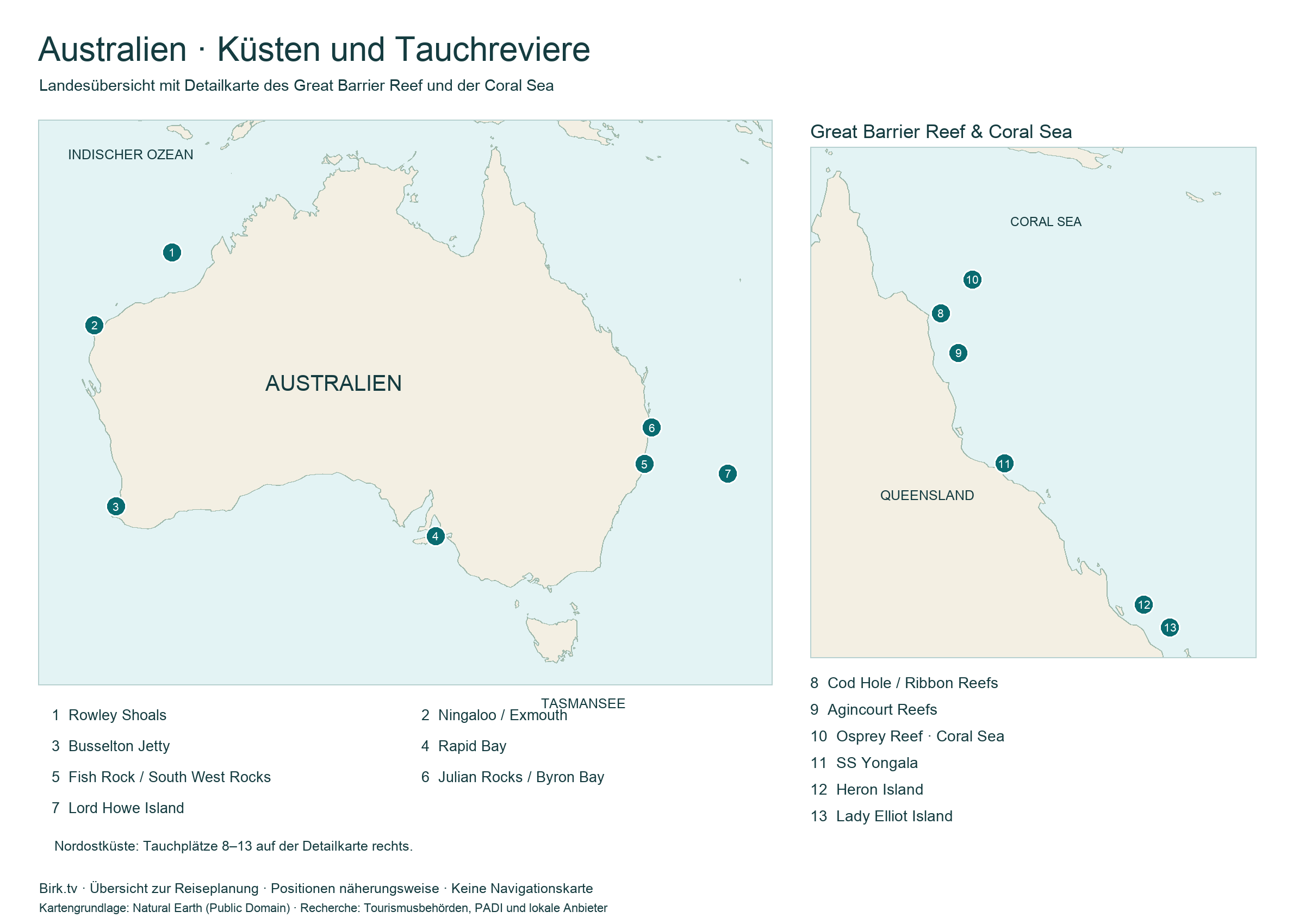 Australien Tauchkarte mit beliebten Tauchplätzen und beschrifteten Revieren