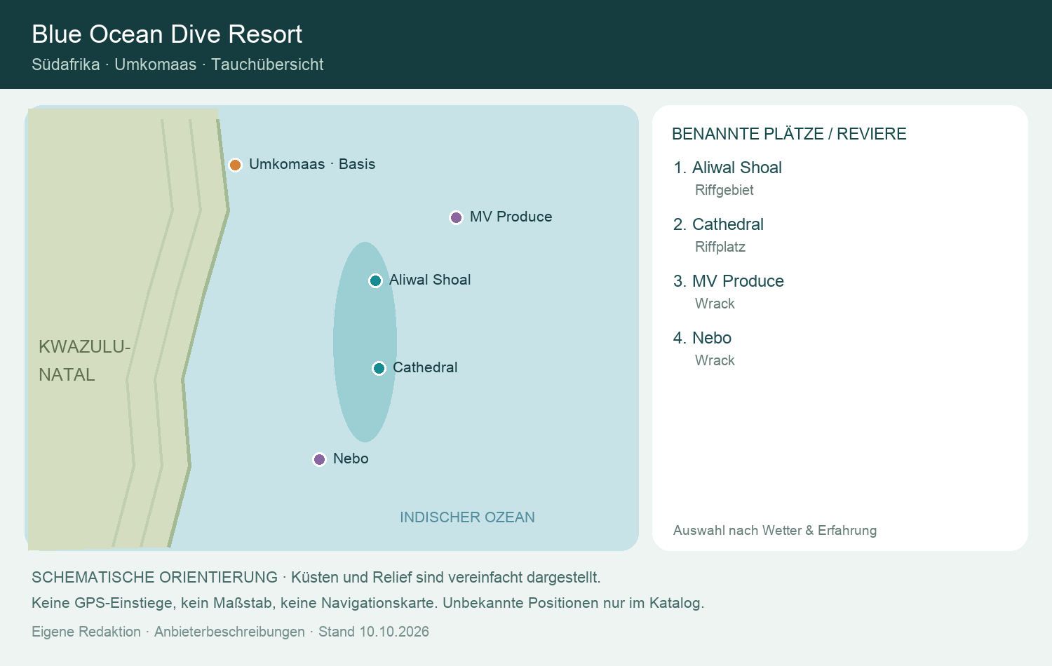 Blue Ocean Dive Resort: eigene schematische Tauchkarte mit benannten Revieren