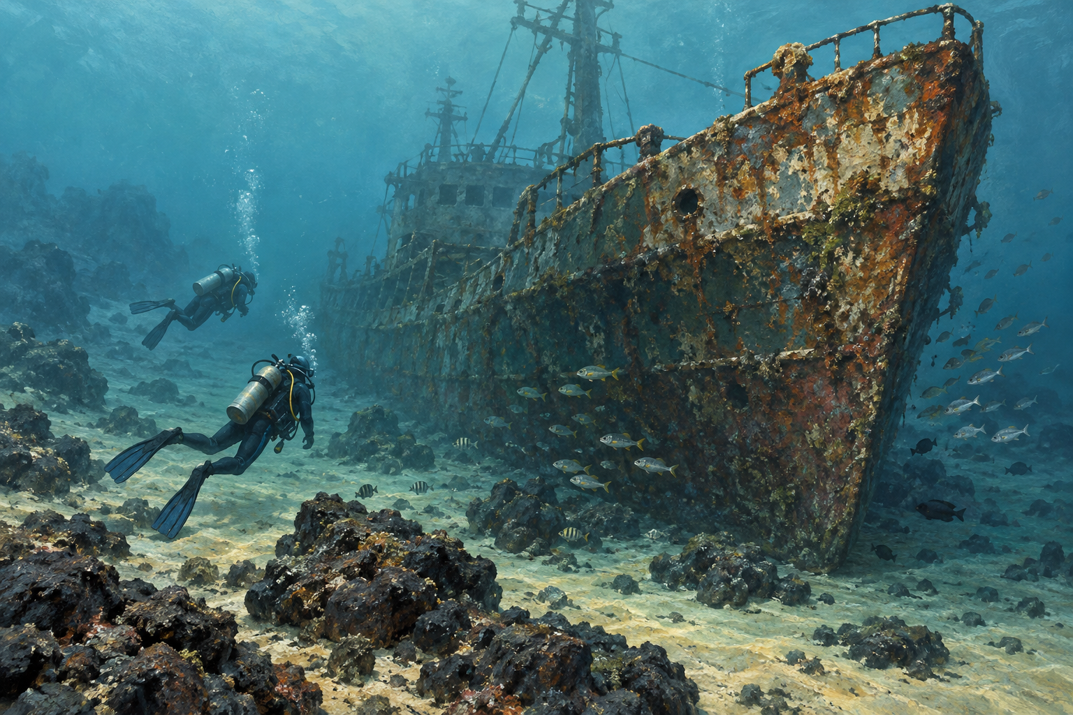 Tauchen an einem Wrack · eigene KI-Illustration, kein dokumentiertes Dakar-Wrack.