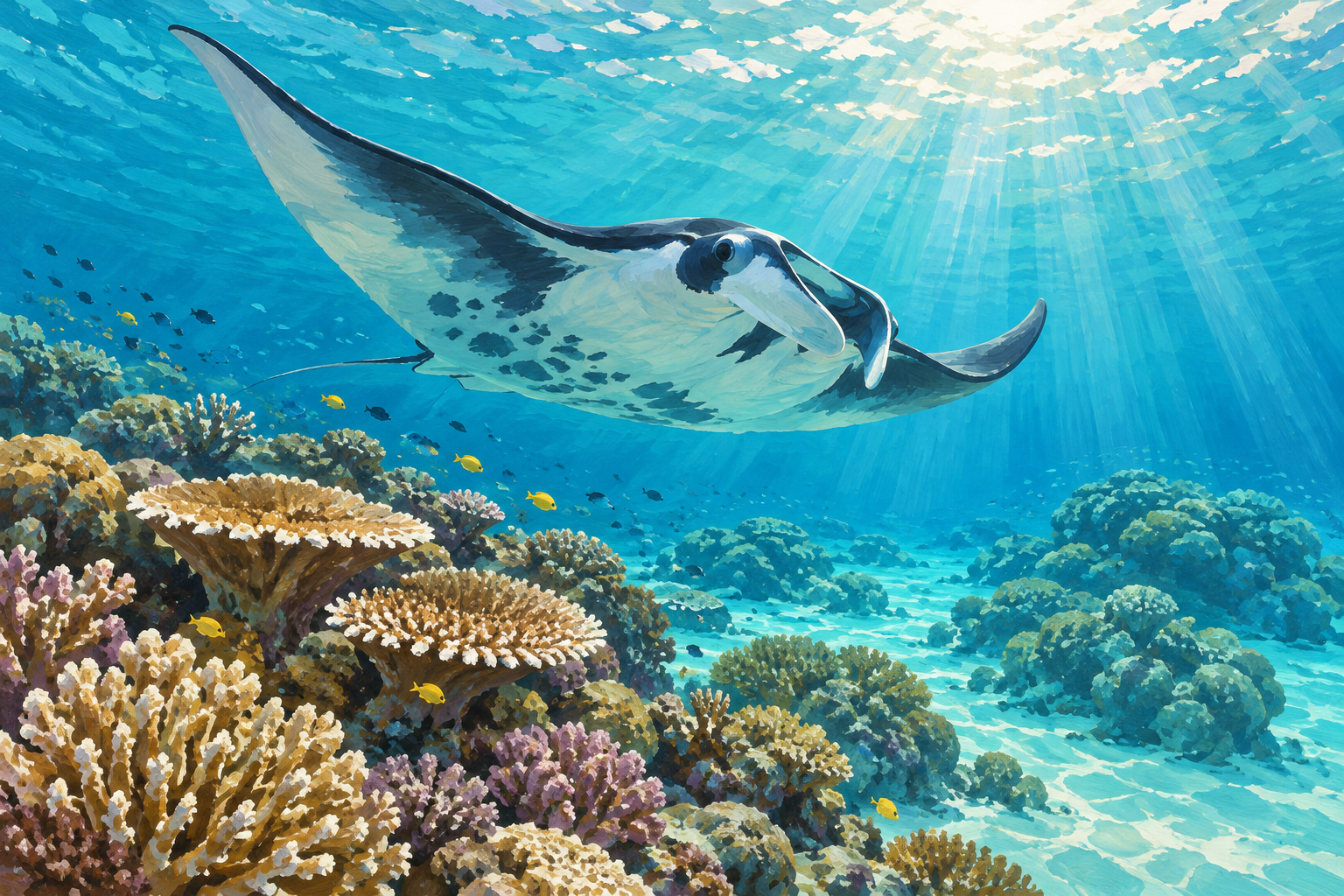Manta am Riff · eigene KI-Illustration, keine dokumentierte Ortsaufnahme.
