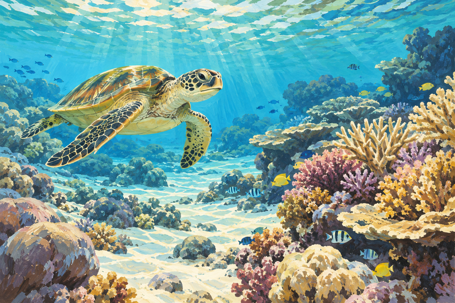 Korallengarten mit Schildkröte · eigene KI-Illustration, keine dokumentierte Ortsaufnahme.