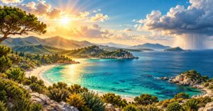 Reisewetter: Sonne und Wolken über einer Küstenlandschaft