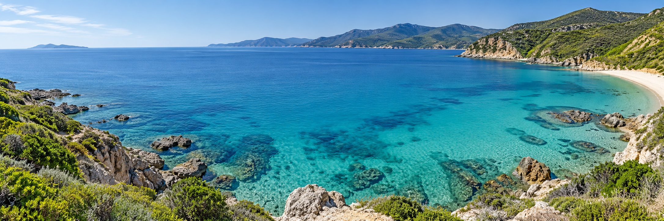 Türkisfarbenes Meer, eine helle Sandbucht und grüne Küstenhügel