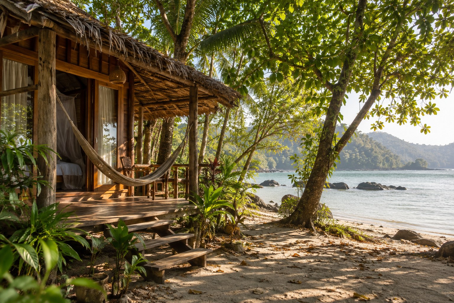 Ein schlichtes Strandbungalow unter Bäumen