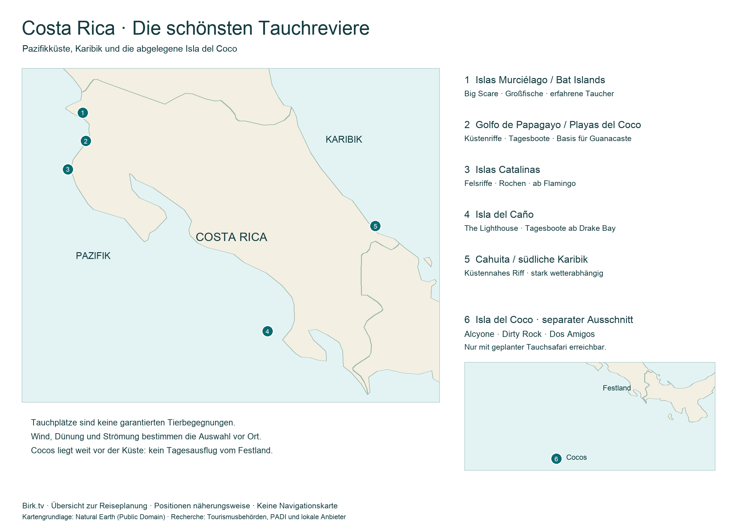 Costa Rica Tauchkarte mit beliebten Tauchplätzen und beschrifteten Revieren