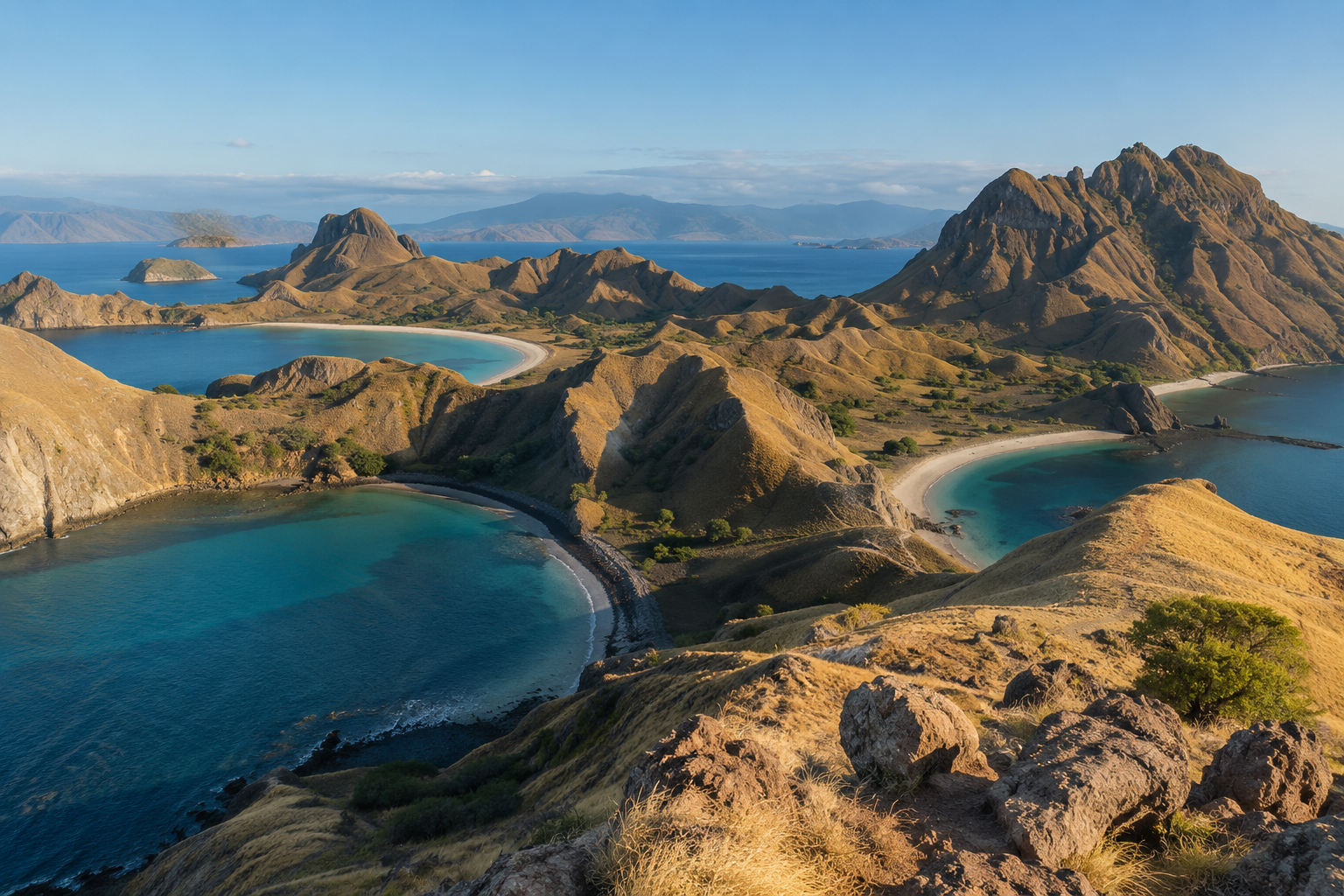 Padar: geschwungene Buchten und trockene Hügelrücken.