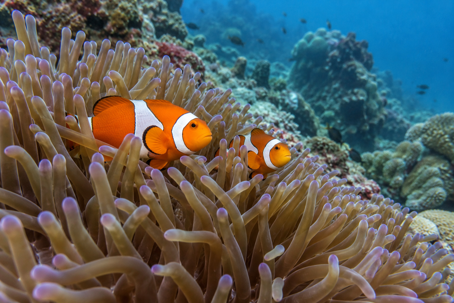 Anemonenfische zwischen den schützenden Tentakeln einer Seeanemone.