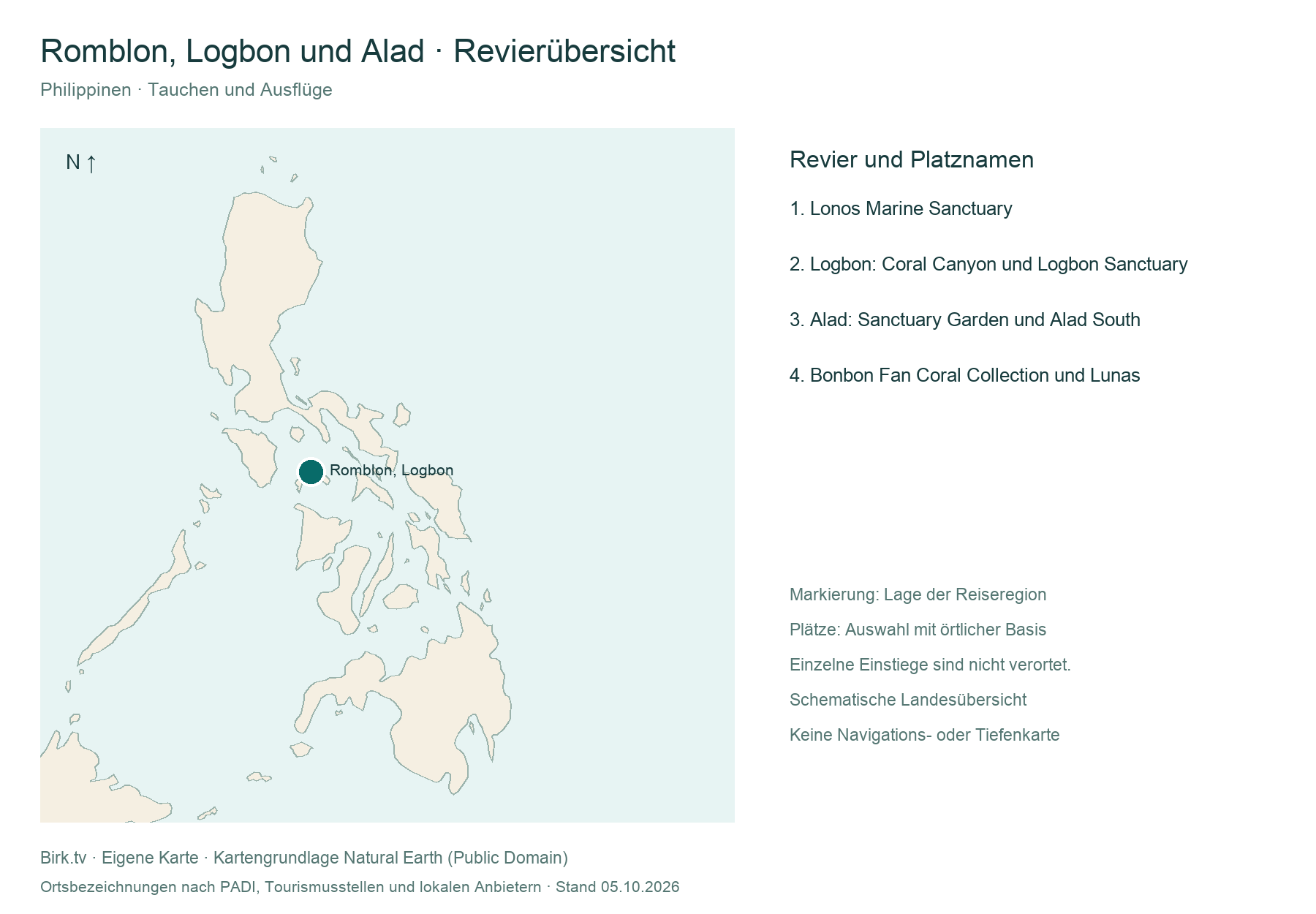 Tauchkarte Romblon, Logbon und Alad mit Revierlage und Platzübersicht