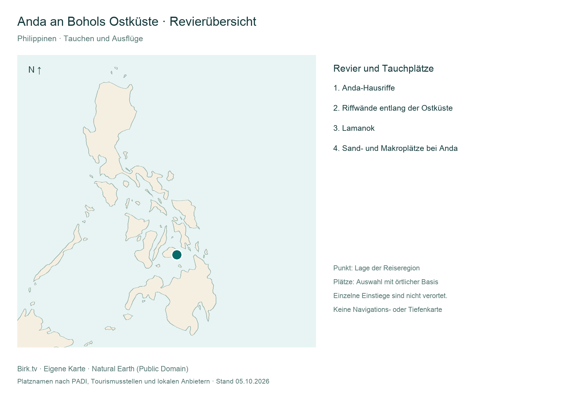 Tauchkarte Anda an Bohols Ostküste mit Revierlage und Platzübersicht