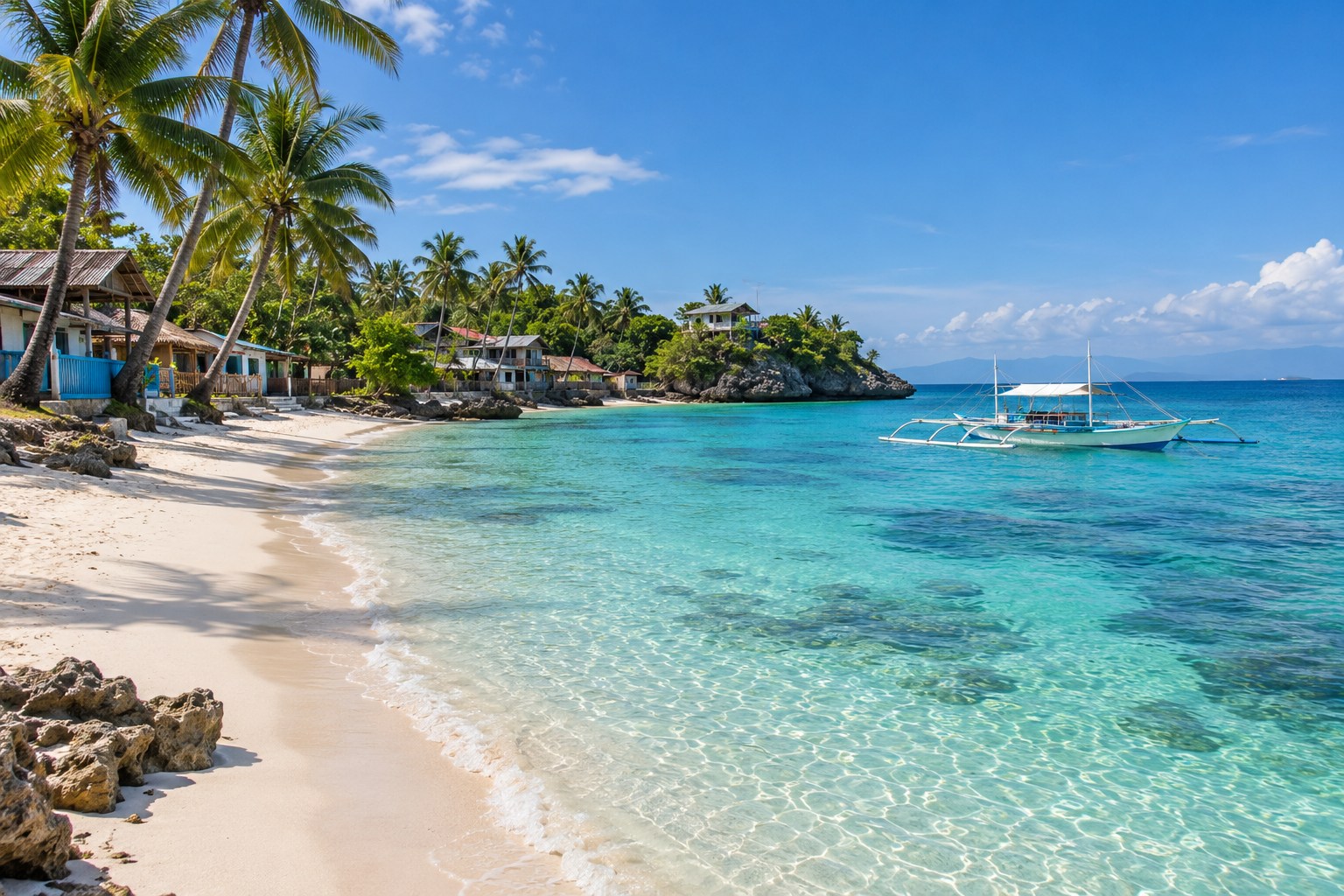 Küstenlandschaft mit Bangka-Boot vor einer philippinischen Insel