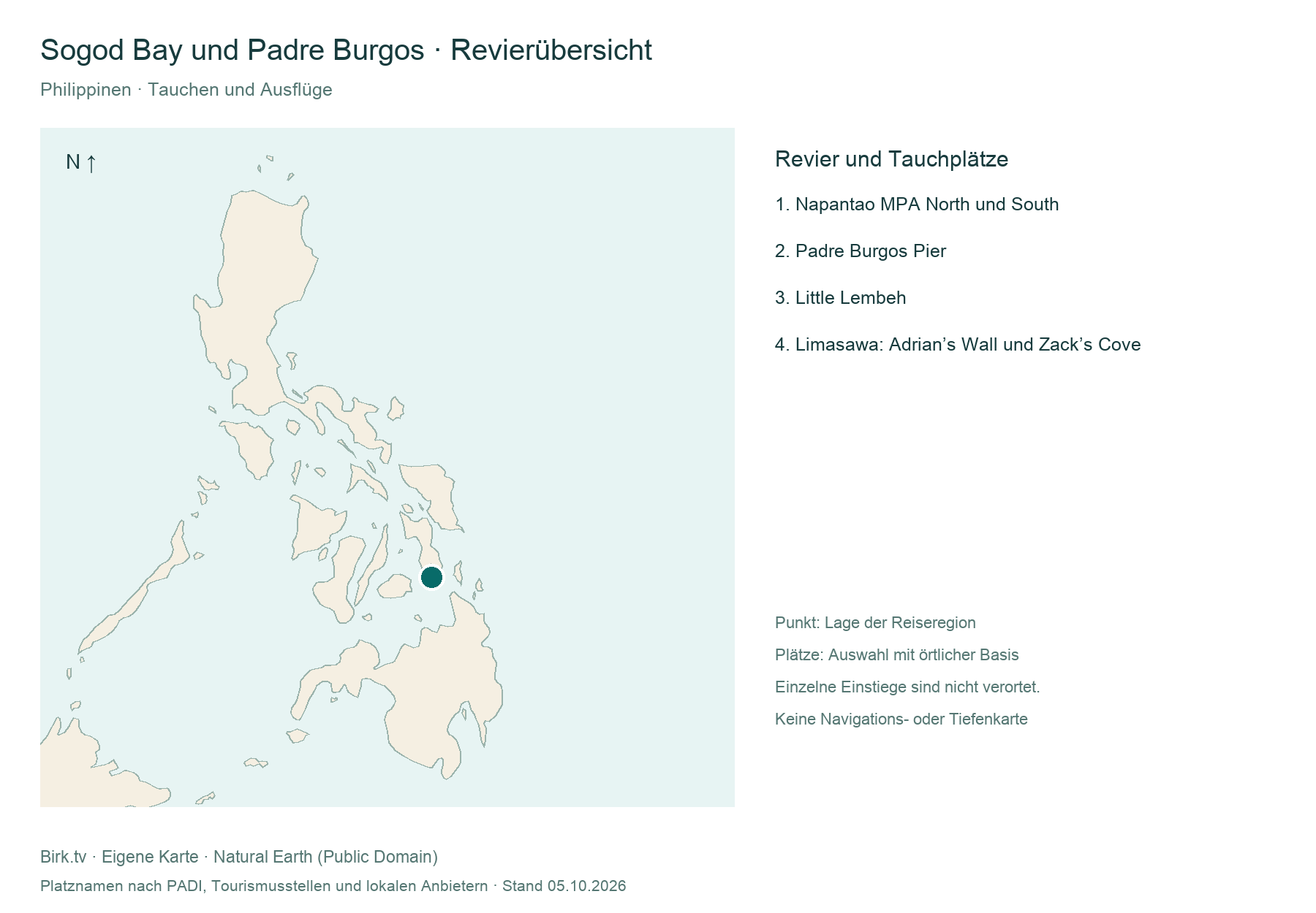 Tauchkarte Sogod Bay und Padre Burgos mit Revierlage und Platzübersicht