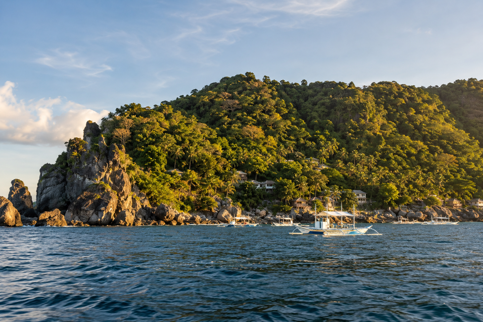 Apo Island: grüne Hänge über einer felsigen Küste.