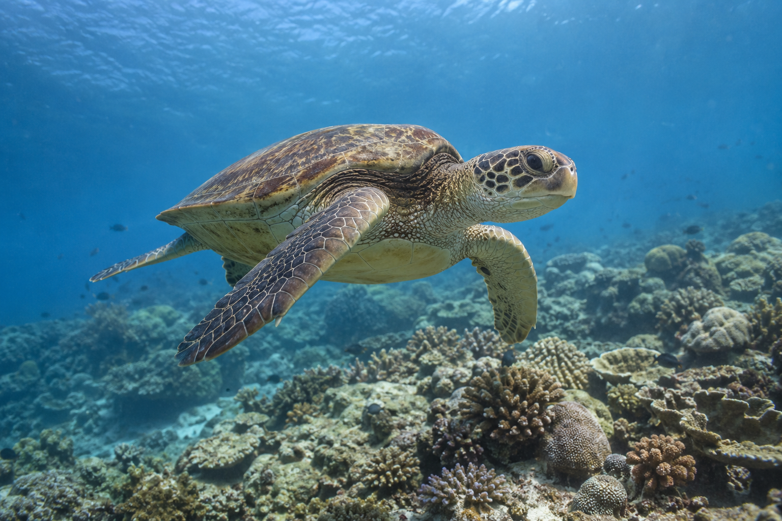 Apo Island: eine Meeresschildkröte über dem Riff.