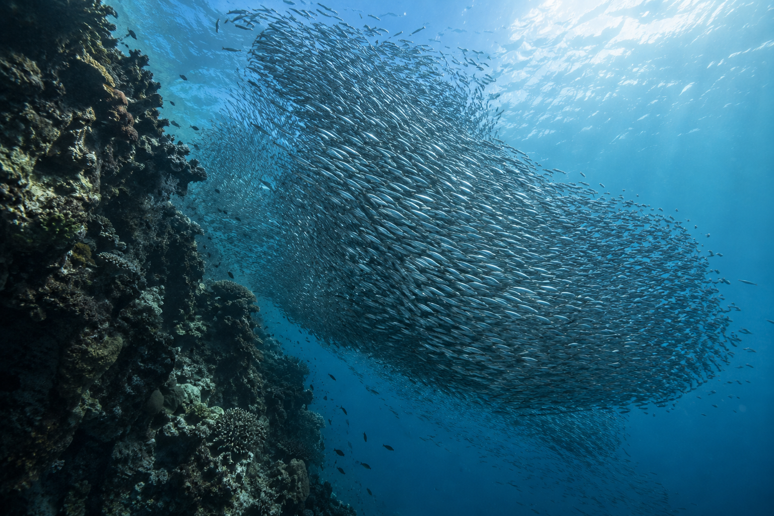 Moalboal: Sardinen formen eine bewegte silberne Wolke.