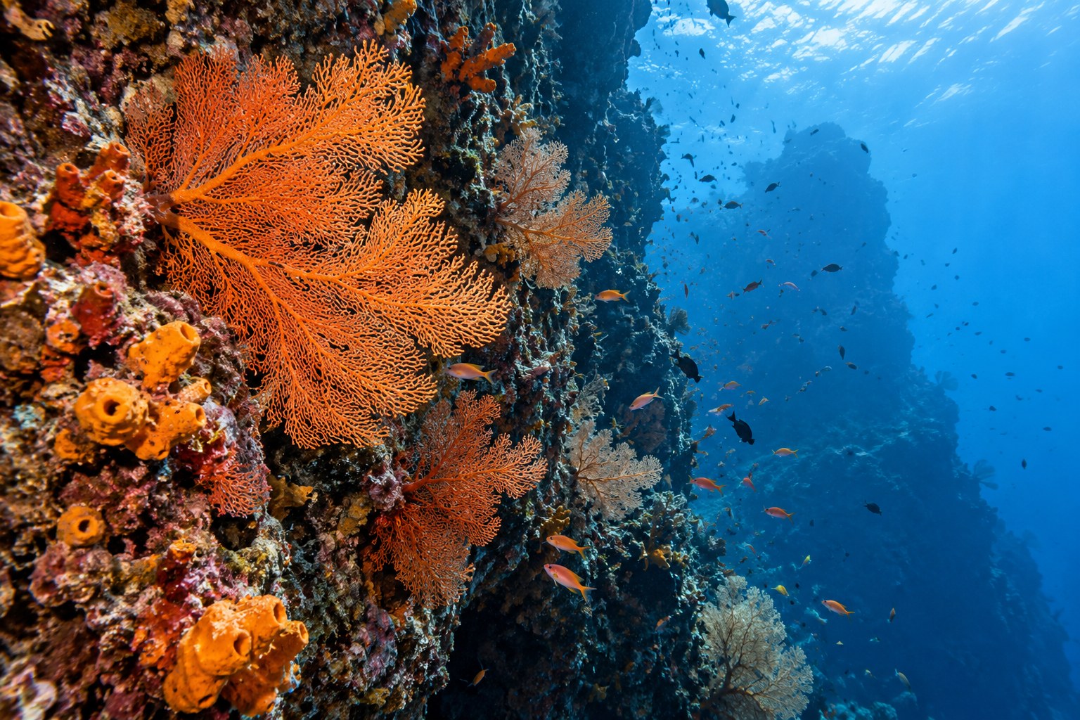 Illustrierte Unterwasserwand mit Gorgonien bei Phuket