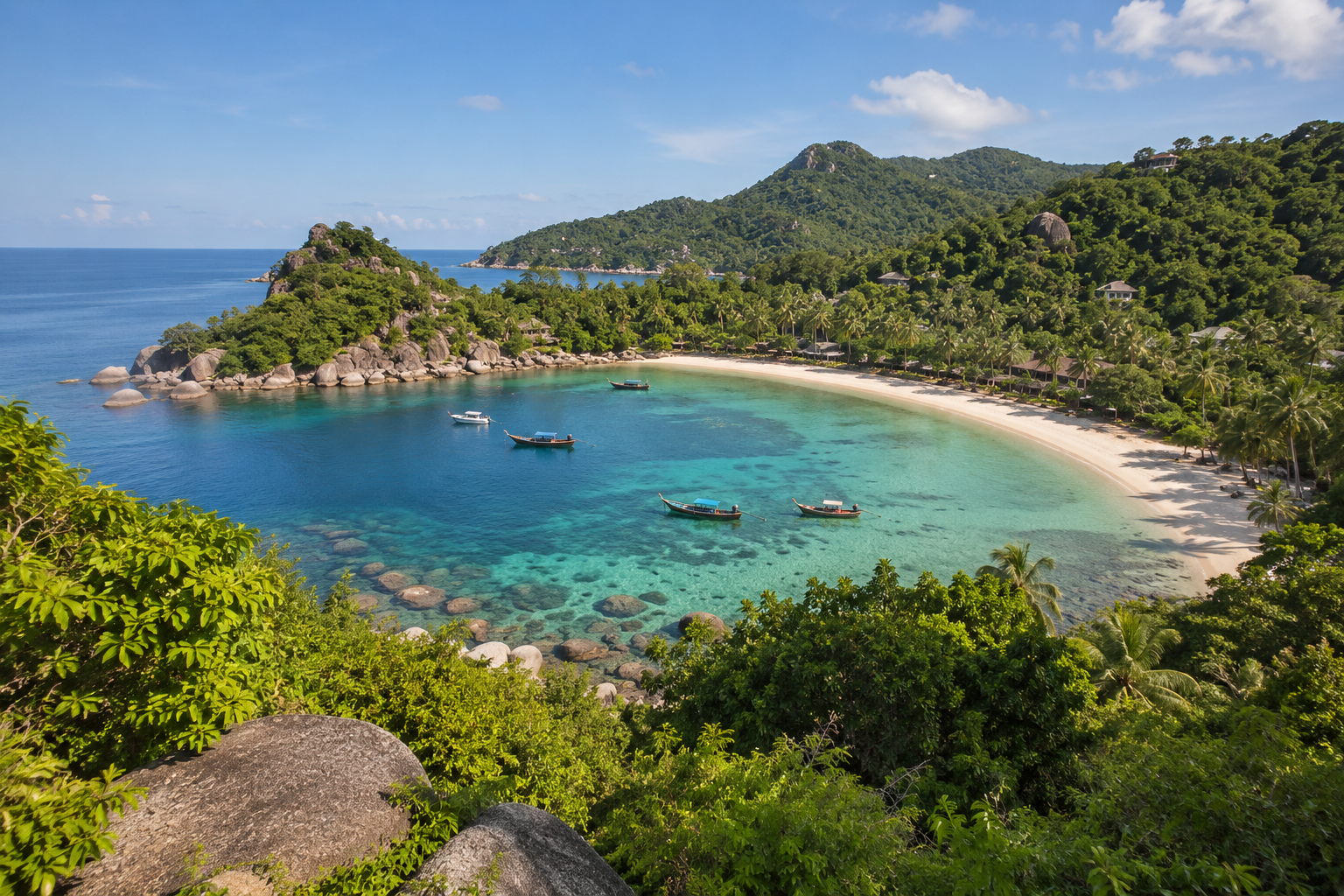 Koh Tao: grüne Hügel und eine geschwungene Bucht.